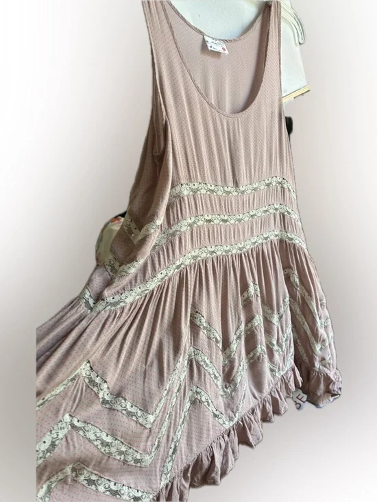 Free People Intimately Pink Polka Dot Lace Trim Tunic Top XS - Picture 2 of 7